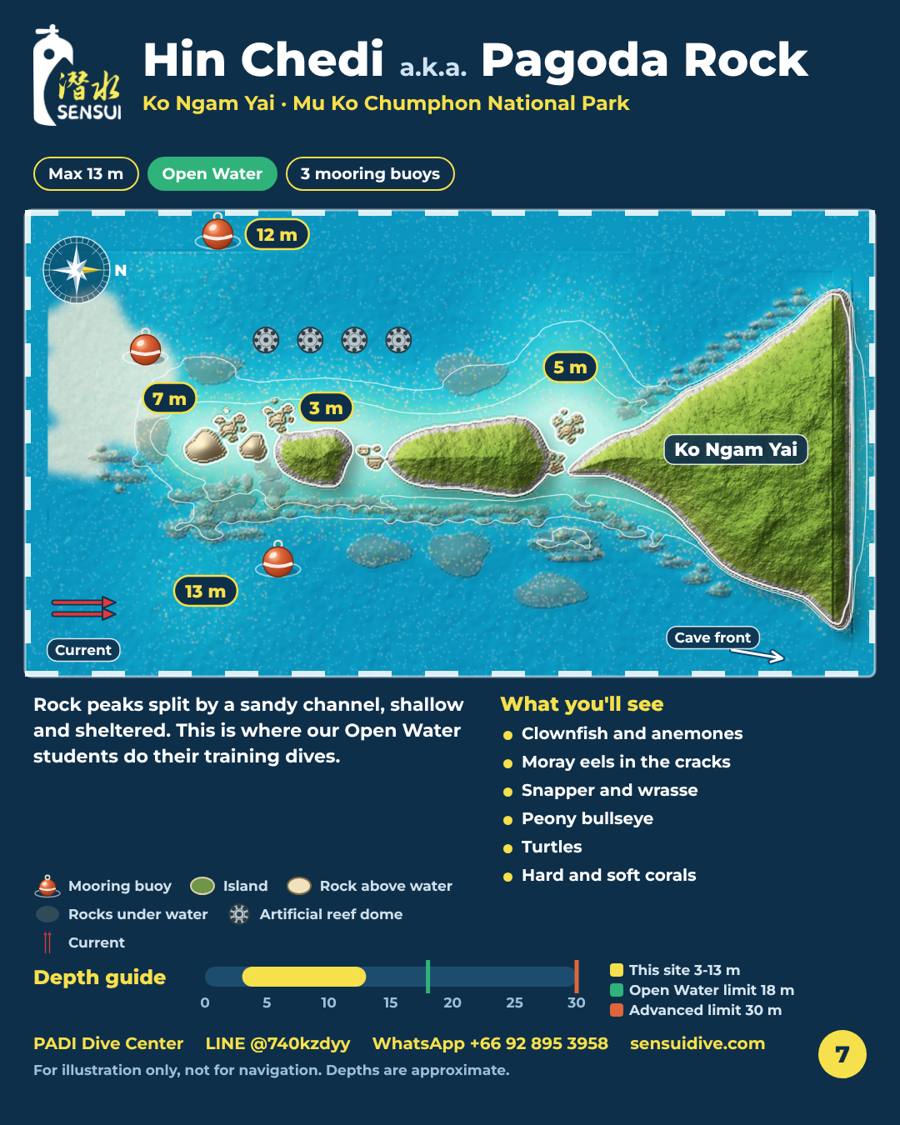 Dive site map: Hin Chedi, Depth 3-13 m