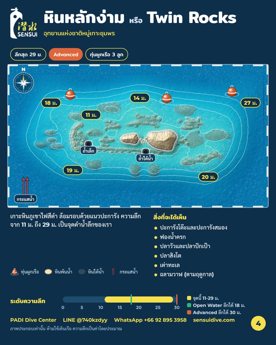 แผนที่จุดดำน้ำ: หินหลักง่าม, ความลึก 11-29 m
