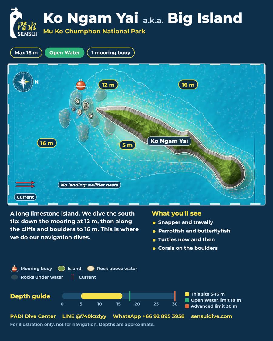 Dive site map: Ko Ngam Yai, Depth 5-16 m