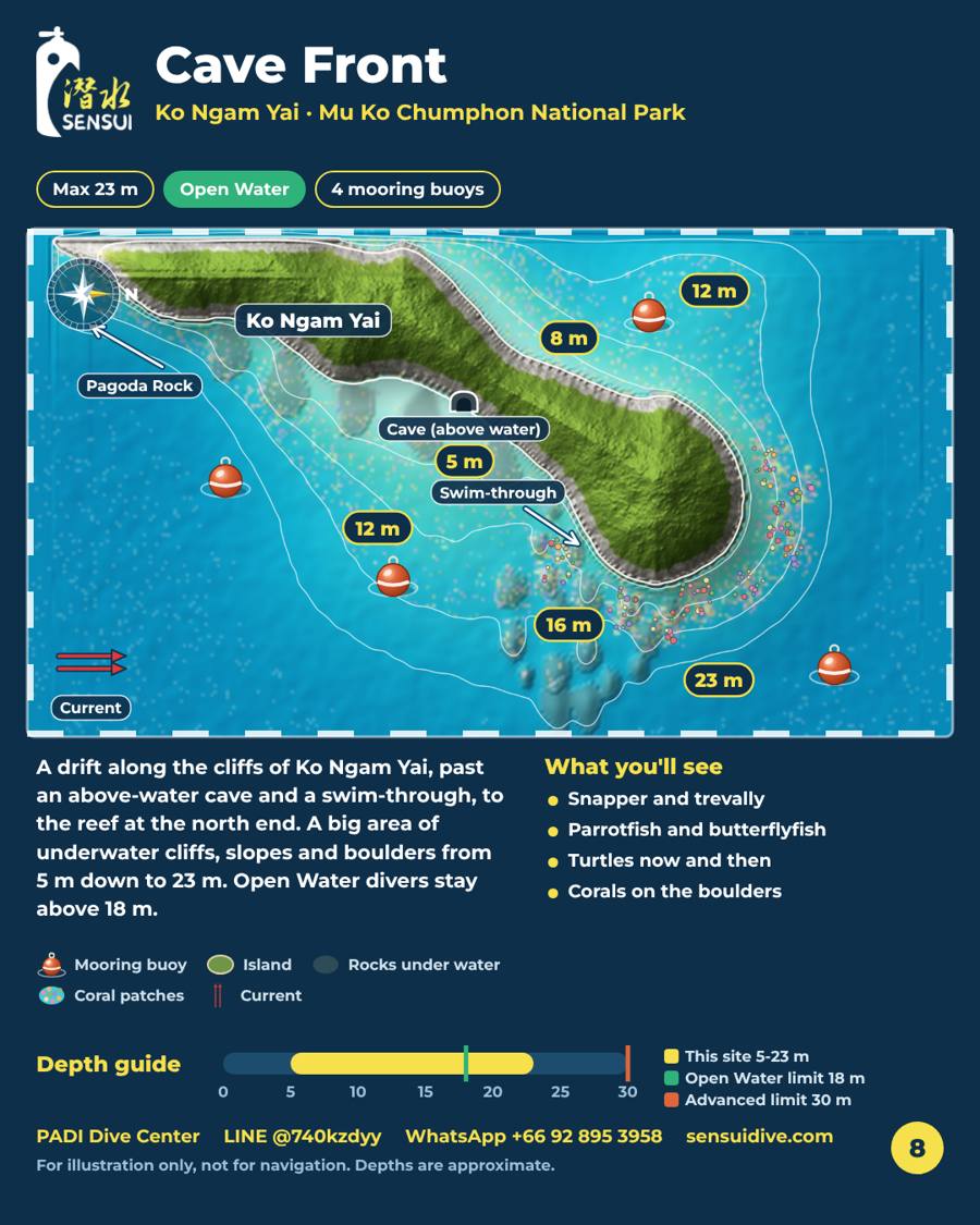 Dive site map: Cave Front, Depth 5-23 m